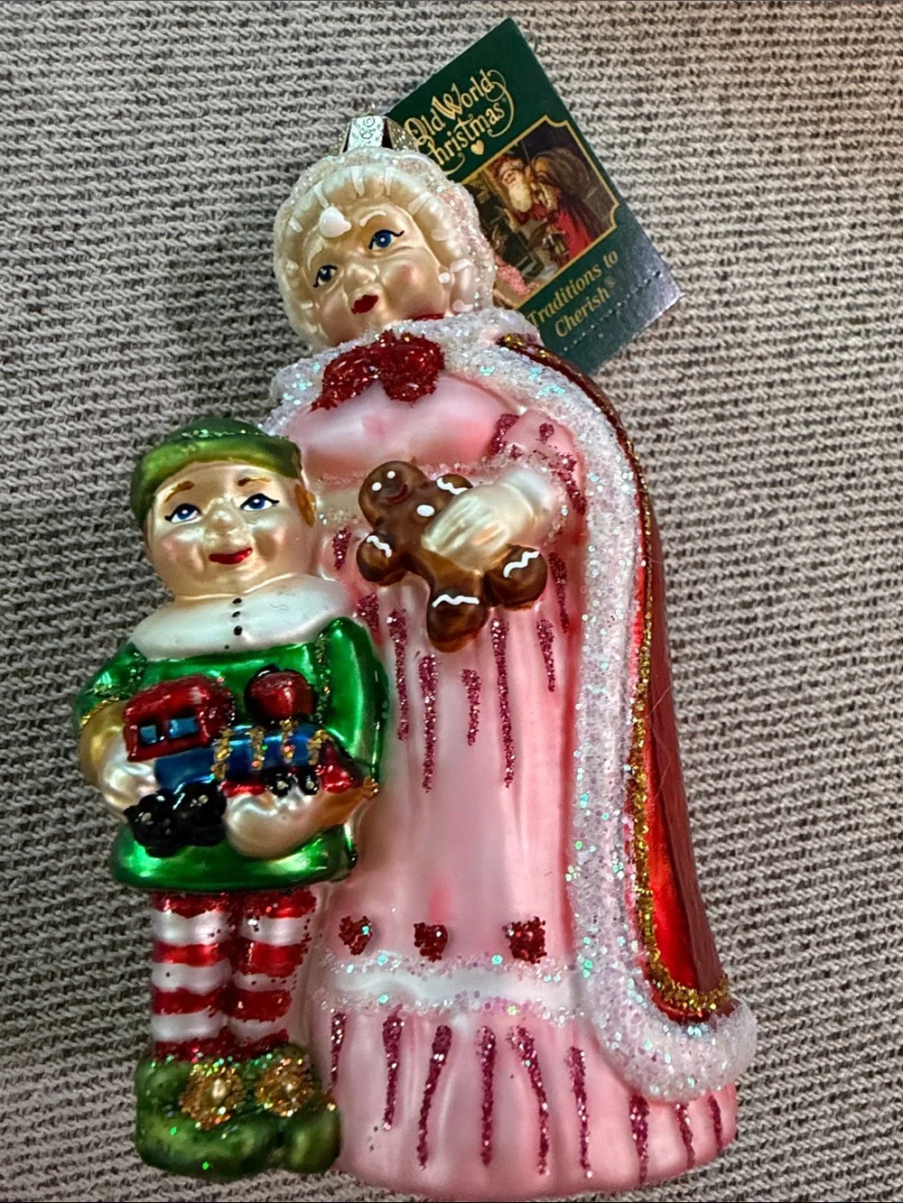 Old world Christmas retired ornament Pink Mrs. Claus with tags and box